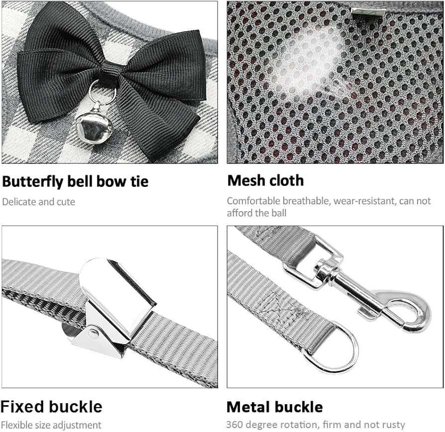 Pet Harness & Leash Set Soft Adjustable Breathable Bow Tie Collar with Bell Luxury Pet Clothes Puppy Clothing, Step In No Pull Vest Walking Outfit Kit Small Medium Dogs Cats Accessories and Gifts