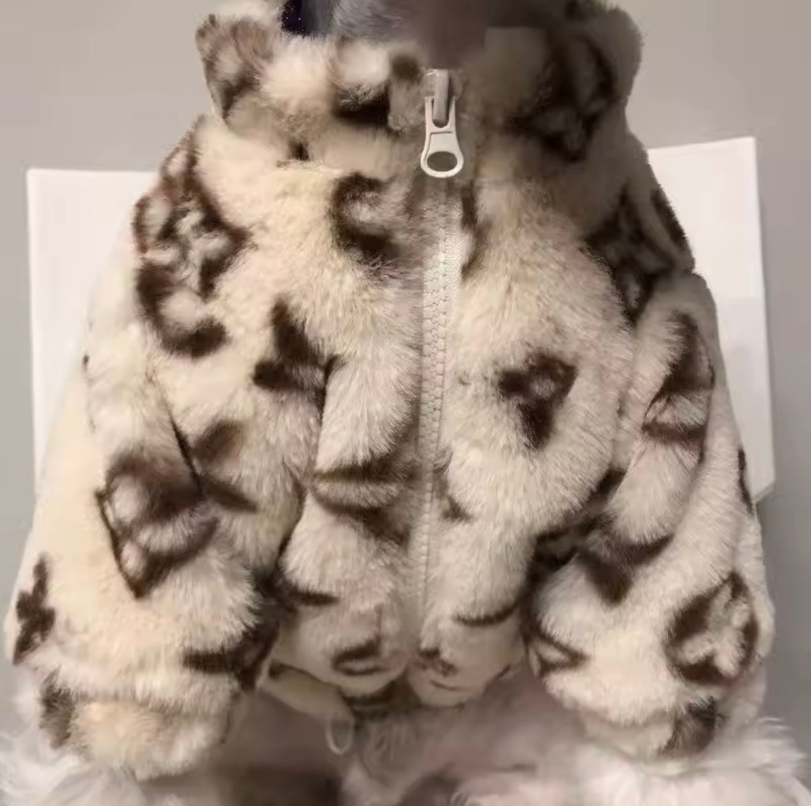 Pet Winter Coat Soft Luxury Fashion Pet Clothes Warm Puppy Clothing, Brown White Print Faux Fur Jacket Outfit for Small Dogs Cats Accessories and Gifts