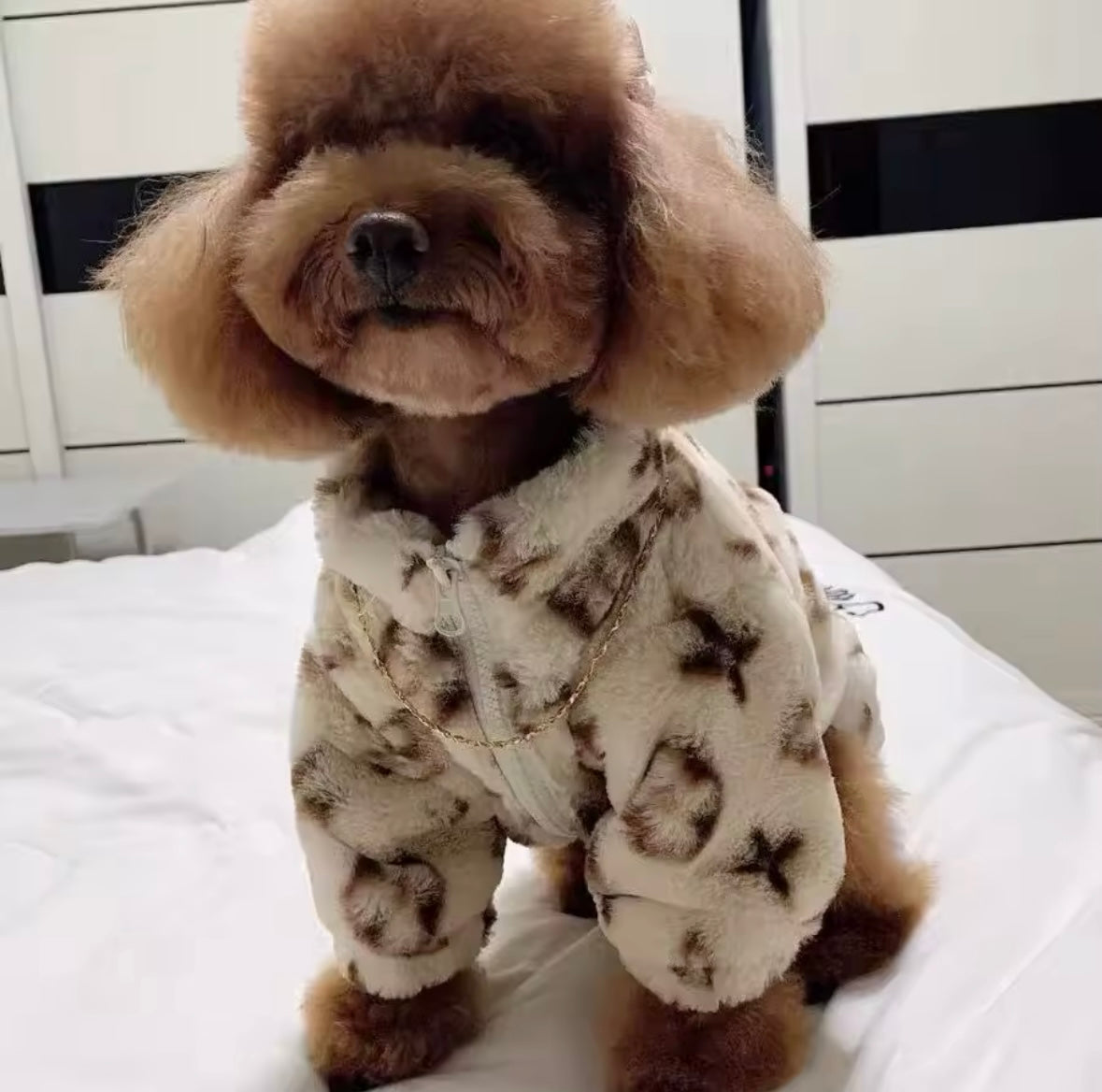 Pet Winter Coat Soft Luxury Fashion Pet Clothes Warm Puppy Clothing, Brown White Print Faux Fur Jacket Outfit for Small Dogs Cats Accessories and Gifts