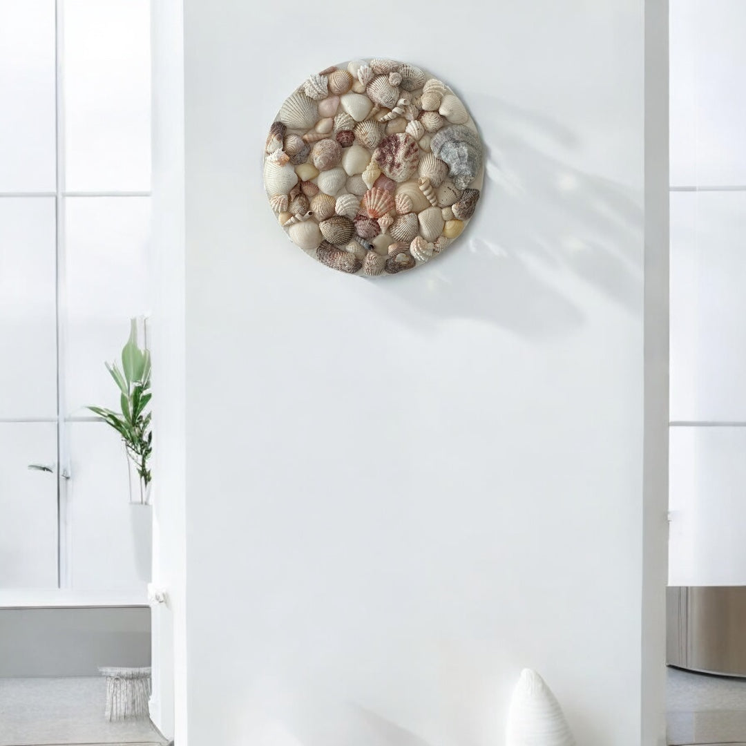 Seashell Wall Art Beach Home Decor Round Wall Hanging Textured Mixed Sea Shells Nautical Centerpiece Display Coastal Living Ocean Decoration