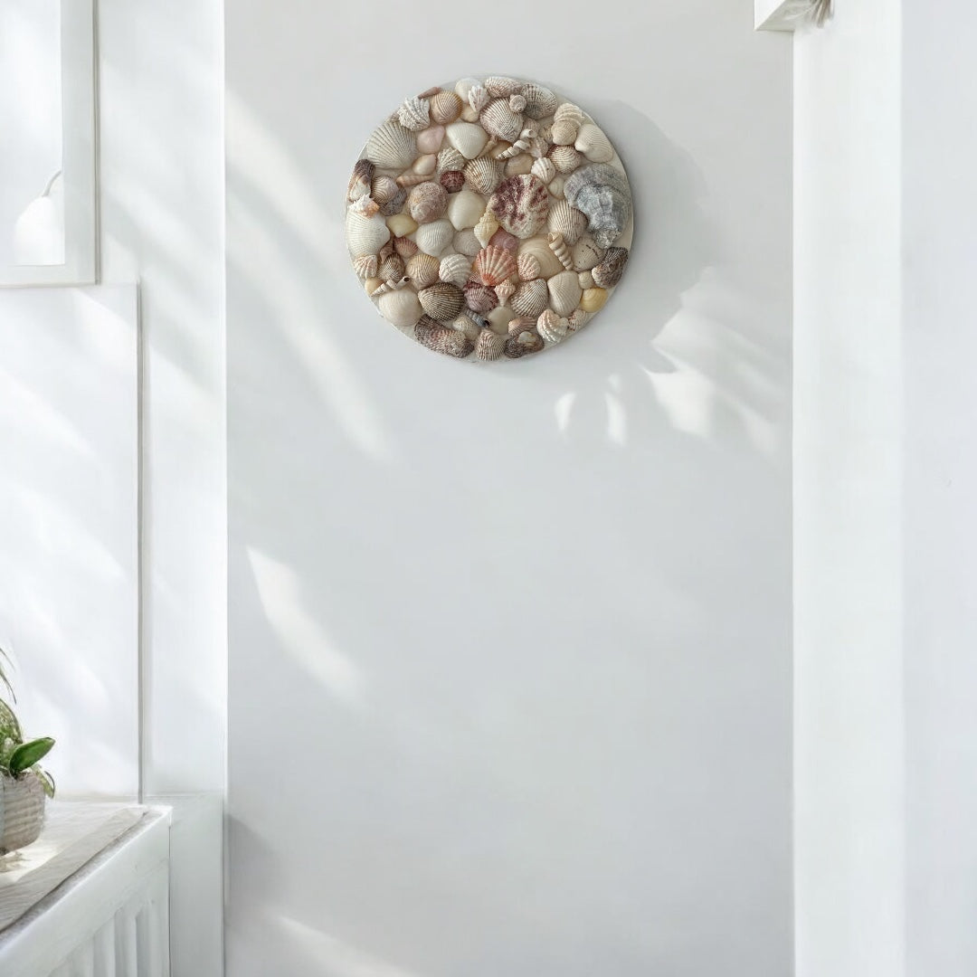 Seashell Wall Art Beach Home Decor Round Wall Hanging Textured Mixed Sea Shells Nautical Centerpiece Display Coastal Living Ocean Decoration
