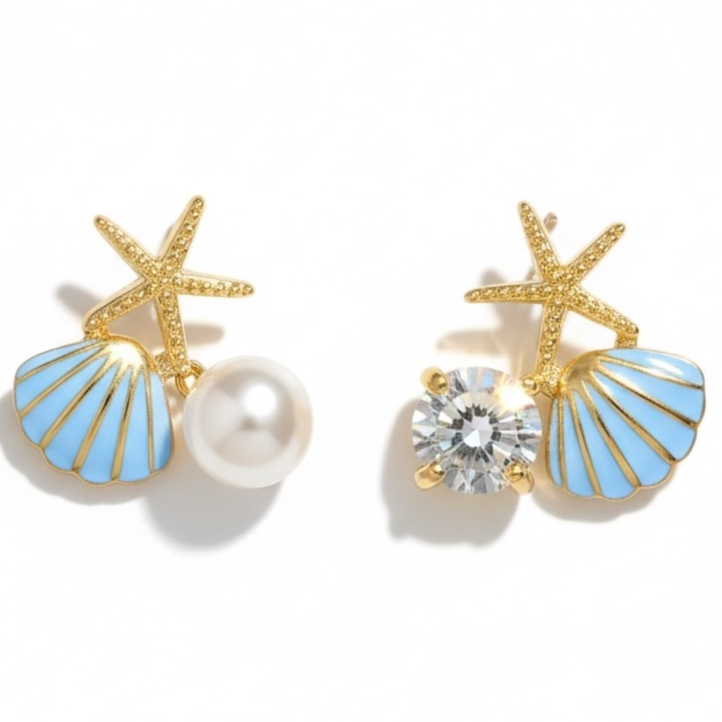 Gold Seashell Stud Earrings for Women, Elegant Blue Scallop Statement Earrings – Boho Ocean Theme Beach Jewelry, Trendy Summer Accessories, Tropical Vacation Nautical Studs