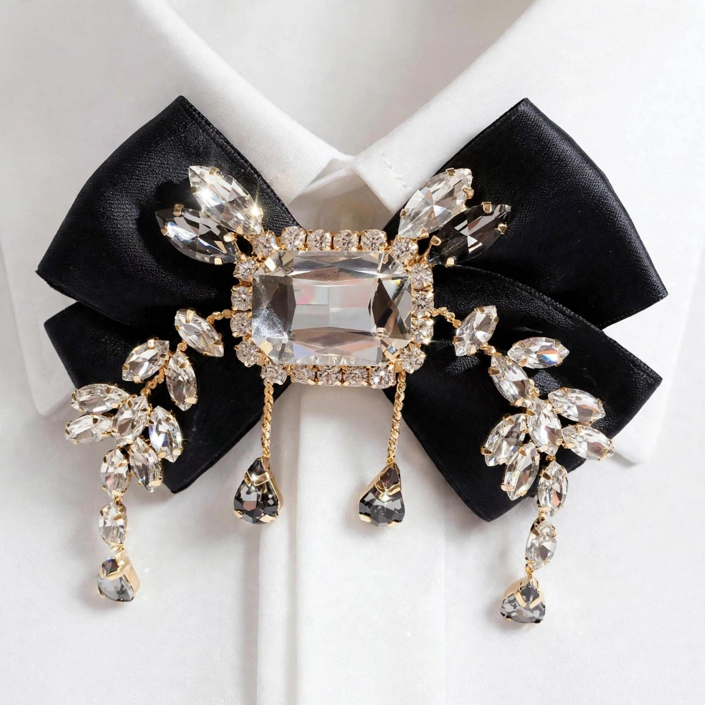 Large Crystal Brooch Black Ribbon Bow Tie Rhinestones Luxury High Fashion Pin Jewelry Decorative Embellishment Accessory With Stones