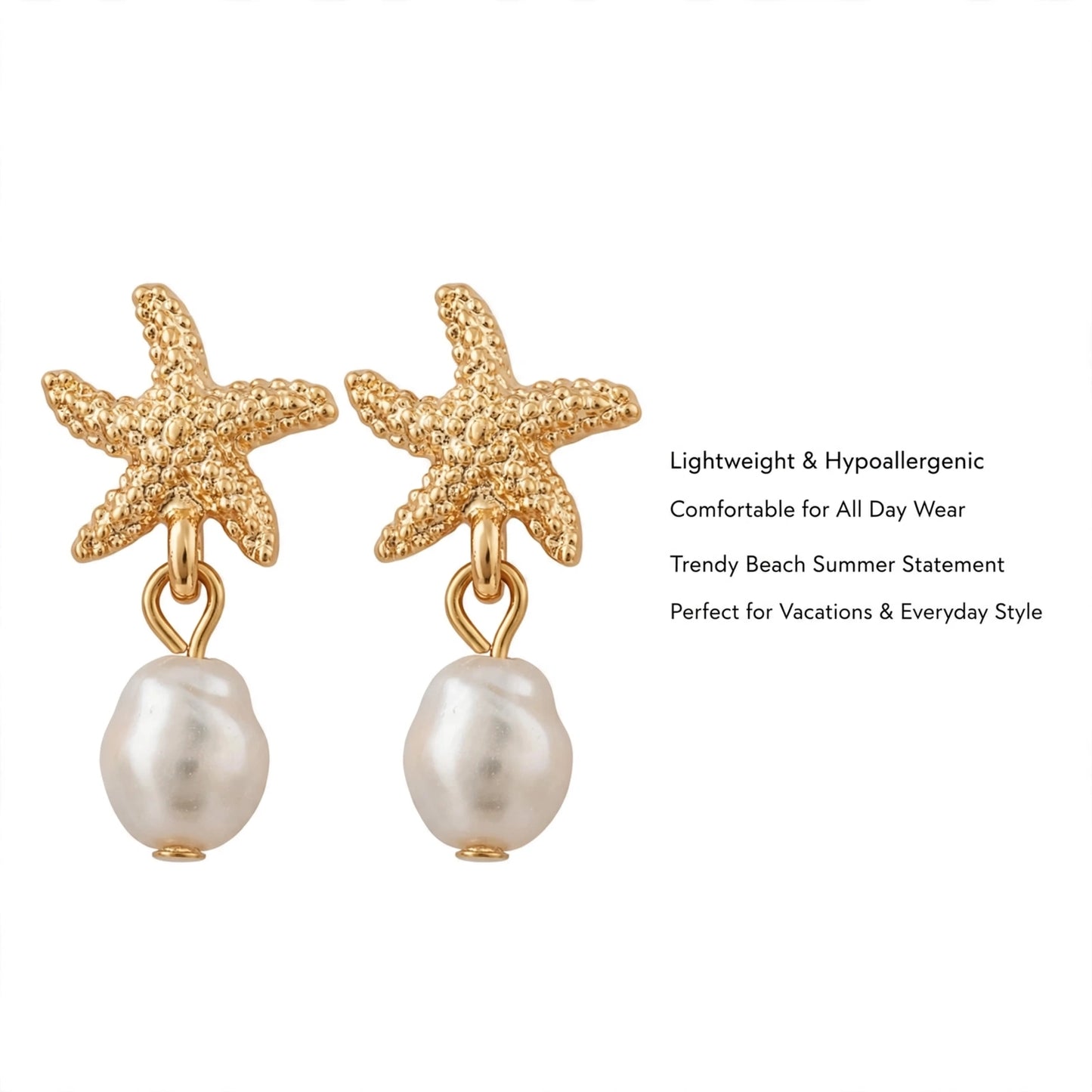 Gold Dangle Earrings for Women, Elegant Star Shell Statement Earrings – Boho Ocean Theme Beach Jewelry, Trendy Summer Accessories, Tropical Vacation Nautical Pearl Studs