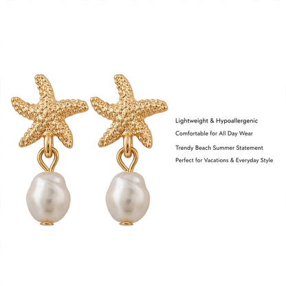 Gold Dangle Earrings for Women, Elegant Star Shell Statement Earrings – Boho Ocean Theme Beach Jewelry, Trendy Summer Accessories, Tropical Vacation Nautical Pearl Studs