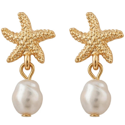 Gold Dangle Earrings for Women, Elegant Star Shell Statement Earrings – Boho Ocean Theme Beach Jewelry, Trendy Summer Accessories, Tropical Vacation Nautical Pearl Studs