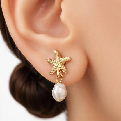Gold Dangle Earrings for Women, Elegant Star Shell Statement Earrings – Boho Ocean Theme Beach Jewelry, Trendy Summer Accessories, Tropical Vacation Nautical Pearl Studs