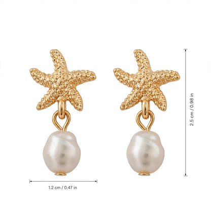 Gold Dangle Earrings for Women, Elegant Star Shell Statement Earrings – Boho Ocean Theme Beach Jewelry, Trendy Summer Accessories, Tropical Vacation Nautical Pearl Studs