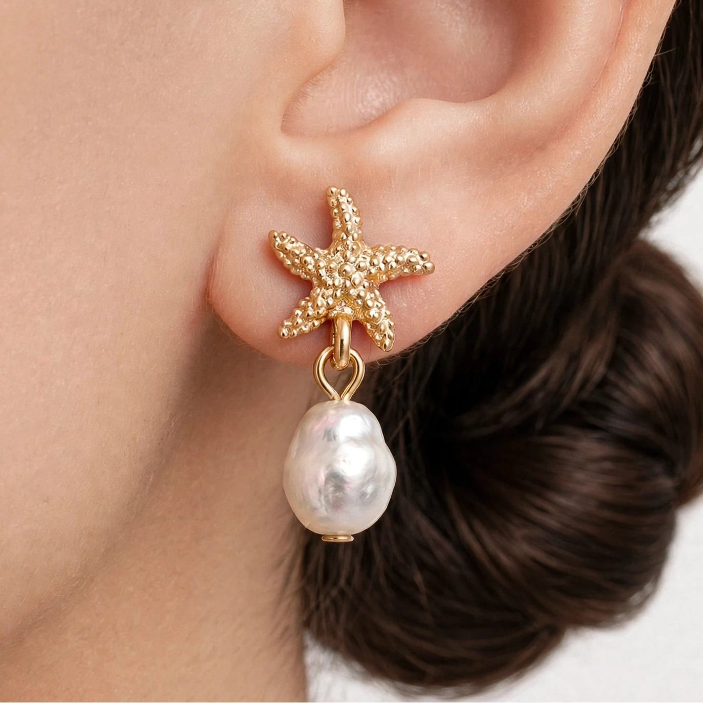 Gold Dangle Earrings for Women, Elegant Star Shell Statement Earrings – Boho Ocean Theme Beach Jewelry, Trendy Summer Accessories, Tropical Vacation Nautical Pearl Studs