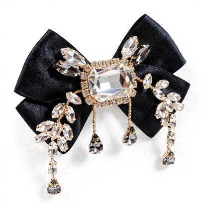 Large Crystal Brooch Black Ribbon Bow Tie Rhinestones Luxury High Fashion Pin Jewelry Decorative Embellishment Accessory With Stones