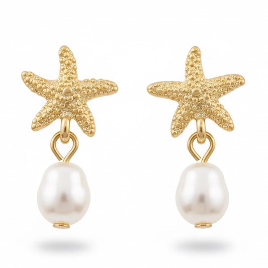 Gold Dangle Earrings for Women, Elegant Star Shell Statement Earrings – Boho Ocean Theme Beach Jewelry, Trendy Summer Accessories, Tropical Vacation Nautical Pearl Studs