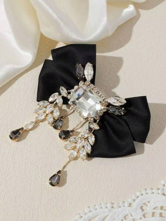 Large Crystal Brooch Black Ribbon Bow Tie Rhinestones Luxury High Fashion Pin Jewelry Decorative Embellishment Accessory With Stones