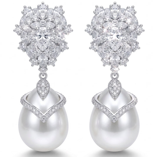 Silver Crystal Pearl Earrings for Women, Wedding Bridal Jewelry for Brides Bridesmaids, Hypoallergenic CZ Cubic Zirconia Rhinestone Diamond Studs Teardrop Dangle Drop Earrings, Formal Evening Party Gifts
