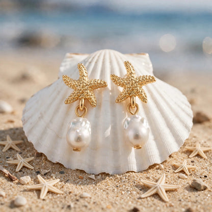 Gold Dangle Earrings for Women, Elegant Star Shell Statement Earrings – Boho Ocean Theme Beach Jewelry, Trendy Summer Accessories, Tropical Vacation Nautical Pearl Studs