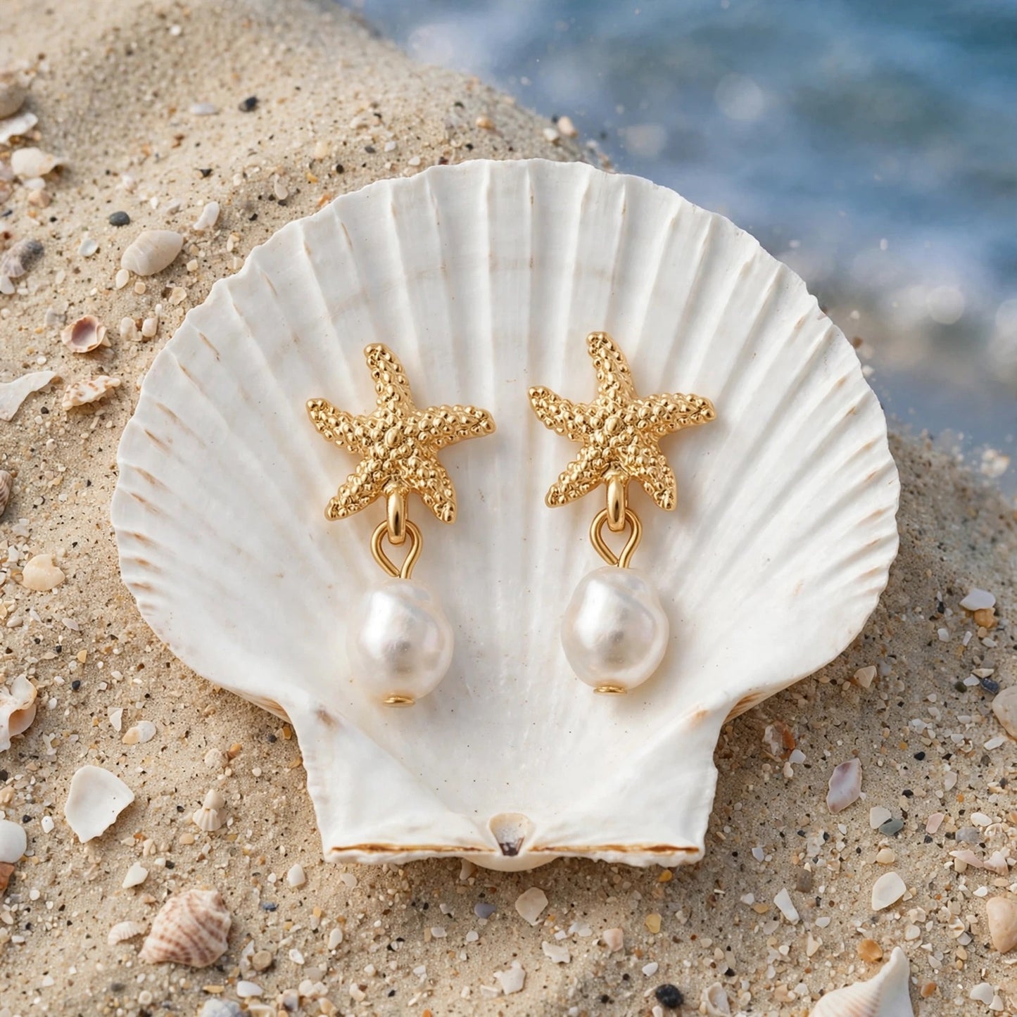 Gold Dangle Earrings for Women, Elegant Star Shell Statement Earrings – Boho Ocean Theme Beach Jewelry, Trendy Summer Accessories, Tropical Vacation Nautical Pearl Studs