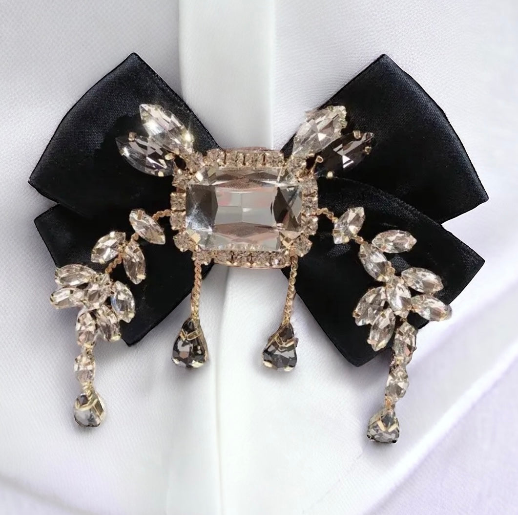 Large Crystal Brooch Black Ribbon Bow Tie Rhinestones Luxury High Fashion Pin Jewelry Decorative Embellishment Accessory With Stones