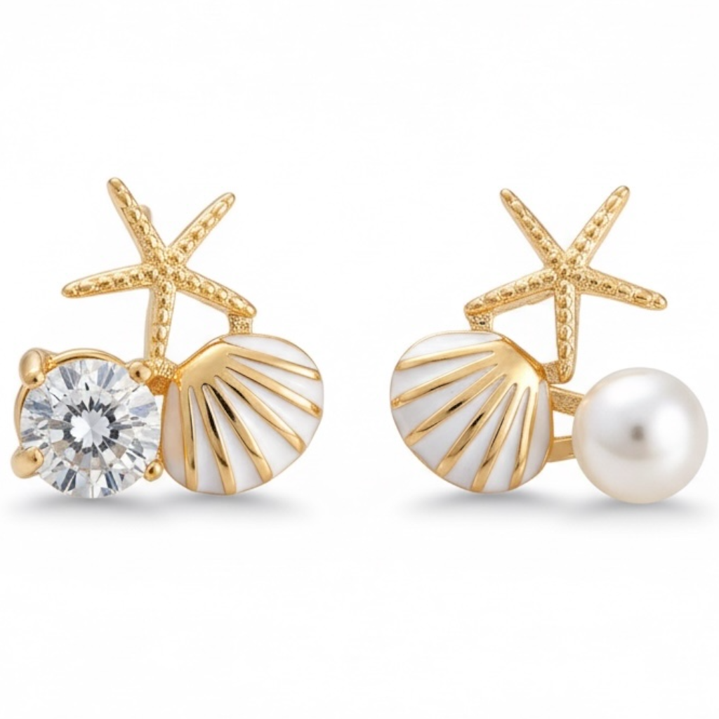 Gold Seashell Stud Earrings for Women, Elegant Statement Earrings – Boho Ocean Theme Beach Jewelry, Trendy Summer Accessories, Tropical Vacation Nautical Studs