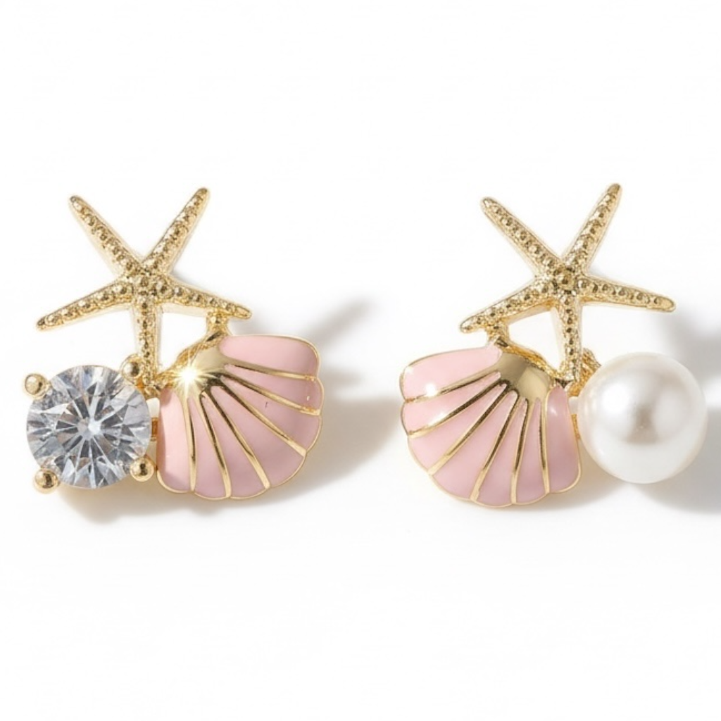 Gold Seashell Stud Earrings for Women, Elegant Pink Scallop Statement Earrings – Boho Ocean Theme Beach Jewelry, Trendy Summer Accessories, Tropical Vacation Nautical Studs