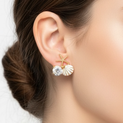 Gold Seashell Stud Earrings for Women, Elegant Statement Earrings – Boho Ocean Theme Beach Jewelry, Trendy Summer Accessories, Tropical Vacation Nautical Studs