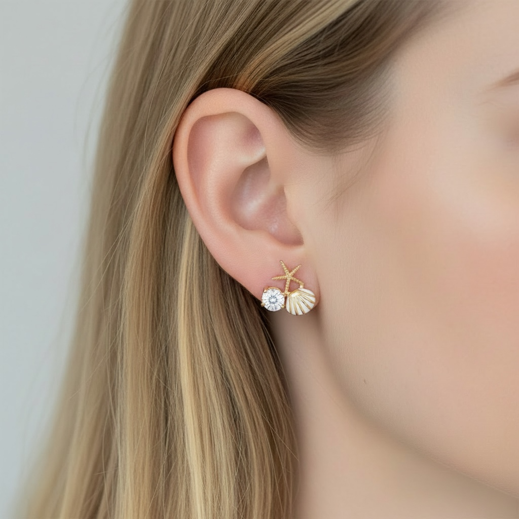 Gold Seashell Stud Earrings for Women, Elegant Statement Earrings – Boho Ocean Theme Beach Jewelry, Trendy Summer Accessories, Tropical Vacation Nautical Studs