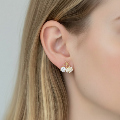 Gold Seashell Stud Earrings for Women, Elegant Statement Earrings – Boho Ocean Theme Beach Jewelry, Trendy Summer Accessories, Tropical Vacation Nautical Studs