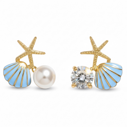 Gold Seashell Stud Earrings for Women, Elegant Blue Scallop Statement Earrings – Boho Ocean Theme Beach Jewelry, Trendy Summer Accessories, Tropical Vacation Nautical Studs