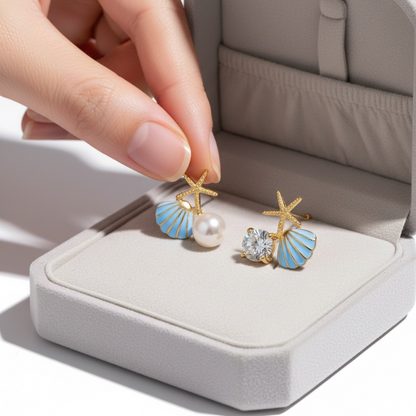 Gold Seashell Stud Earrings for Women, Elegant Blue Scallop Statement Earrings – Boho Ocean Theme Beach Jewelry, Trendy Summer Accessories, Tropical Vacation Nautical Studs