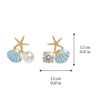 Gold Seashell Stud Earrings for Women, Elegant Blue Scallop Statement Earrings – Boho Ocean Theme Beach Jewelry, Trendy Summer Accessories, Tropical Vacation Nautical Studs