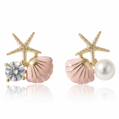 Gold Seashell Stud Earrings for Women, Elegant Pink Scallop Statement Earrings – Boho Ocean Theme Beach Jewelry, Trendy Summer Accessories, Tropical Vacation Nautical Studs