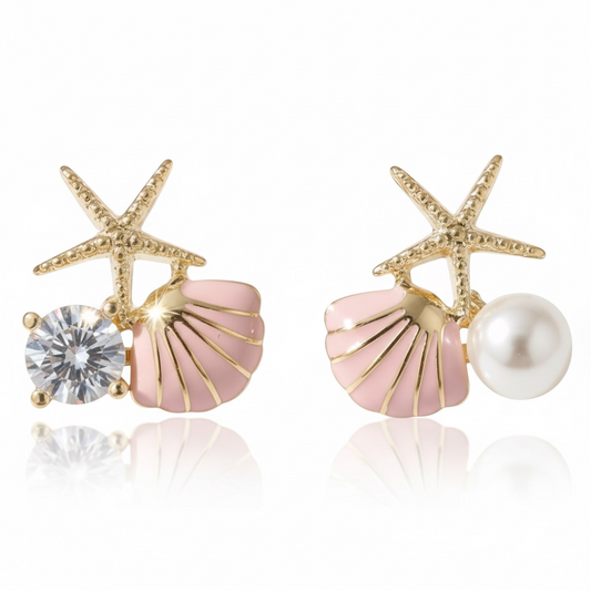 Gold Seashell Stud Earrings for Women, Elegant Pink Scallop Statement Earrings – Boho Ocean Theme Beach Jewelry, Trendy Summer Accessories, Tropical Vacation Nautical Studs