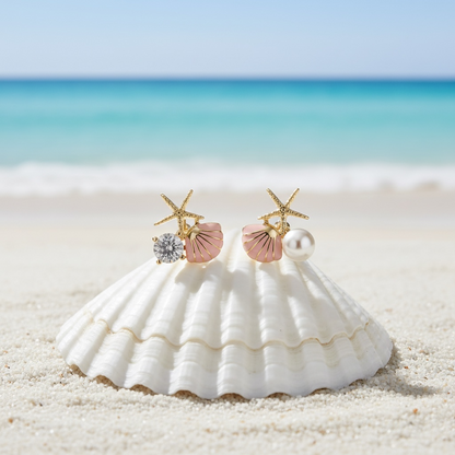Gold Seashell Stud Earrings for Women, Elegant Pink Scallop Statement Earrings – Boho Ocean Theme Beach Jewelry, Trendy Summer Accessories, Tropical Vacation Nautical Studs