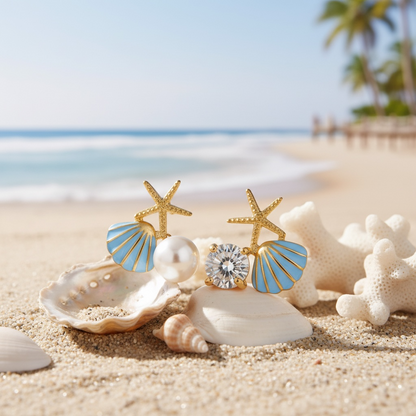 Gold Seashell Stud Earrings for Women, Elegant Blue Scallop Statement Earrings – Boho Ocean Theme Beach Jewelry, Trendy Summer Accessories, Tropical Vacation Nautical Studs
