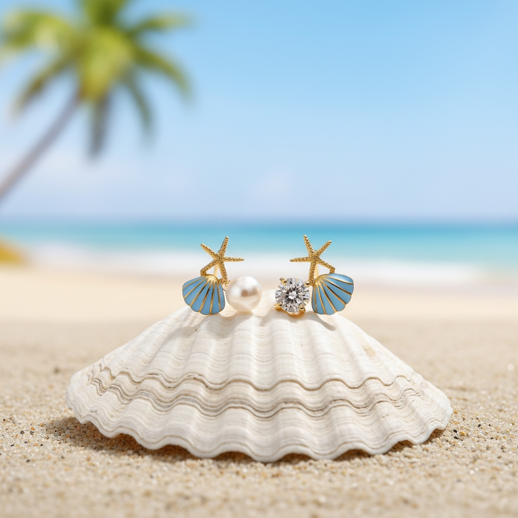 Gold Seashell Stud Earrings for Women, Elegant Blue Scallop Statement Earrings – Boho Ocean Theme Beach Jewelry, Trendy Summer Accessories, Tropical Vacation Nautical Studs