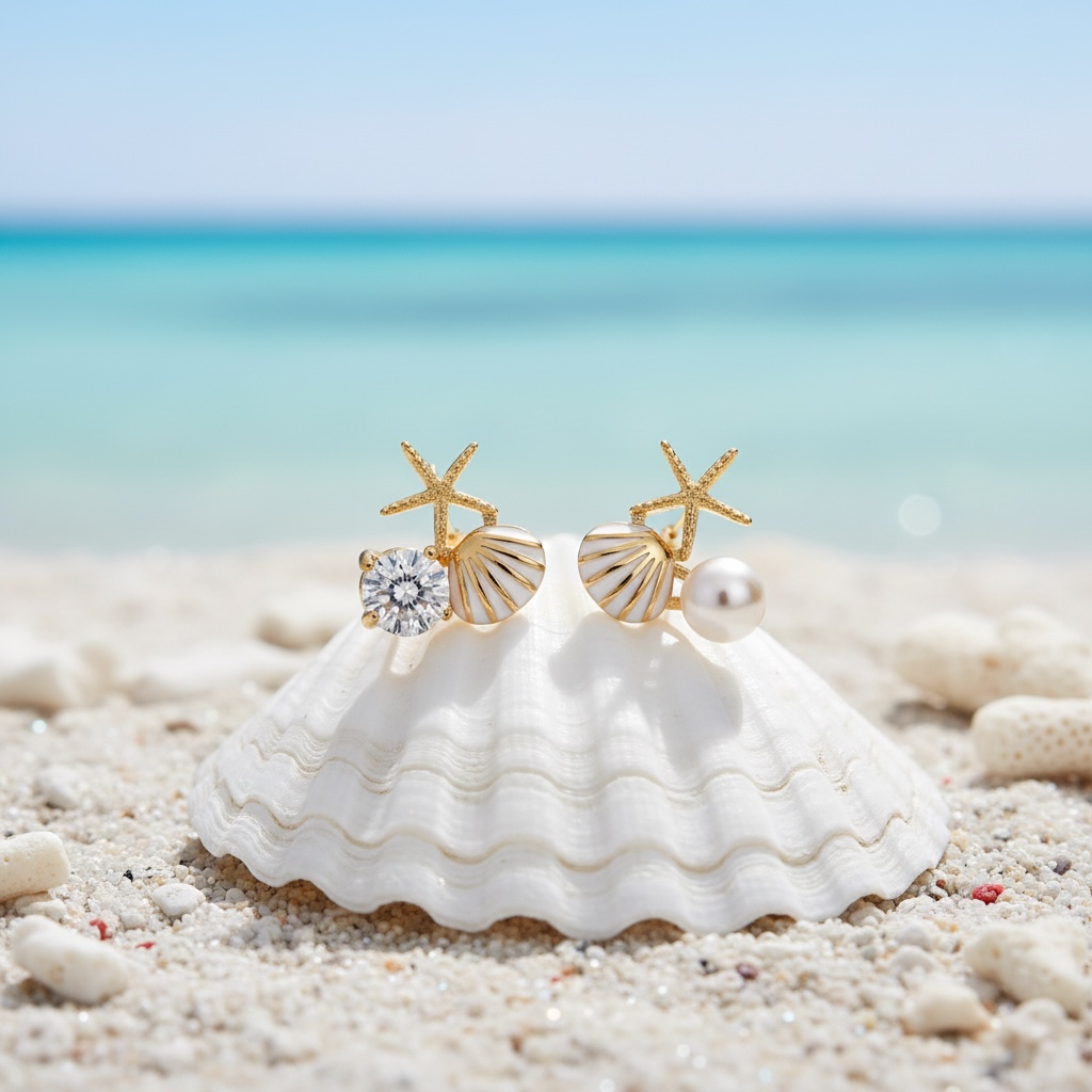 Gold Seashell Stud Earrings for Women, Elegant Statement Earrings – Boho Ocean Theme Beach Jewelry, Trendy Summer Accessories, Tropical Vacation Nautical Studs