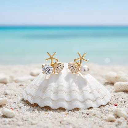 Gold Seashell Stud Earrings for Women, Elegant Statement Earrings – Boho Ocean Theme Beach Jewelry, Trendy Summer Accessories, Tropical Vacation Nautical Studs