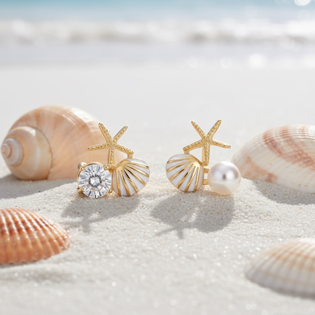 Gold Seashell Stud Earrings for Women, Elegant Statement Earrings – Boho Ocean Theme Beach Jewelry, Trendy Summer Accessories, Tropical Vacation Nautical Studs