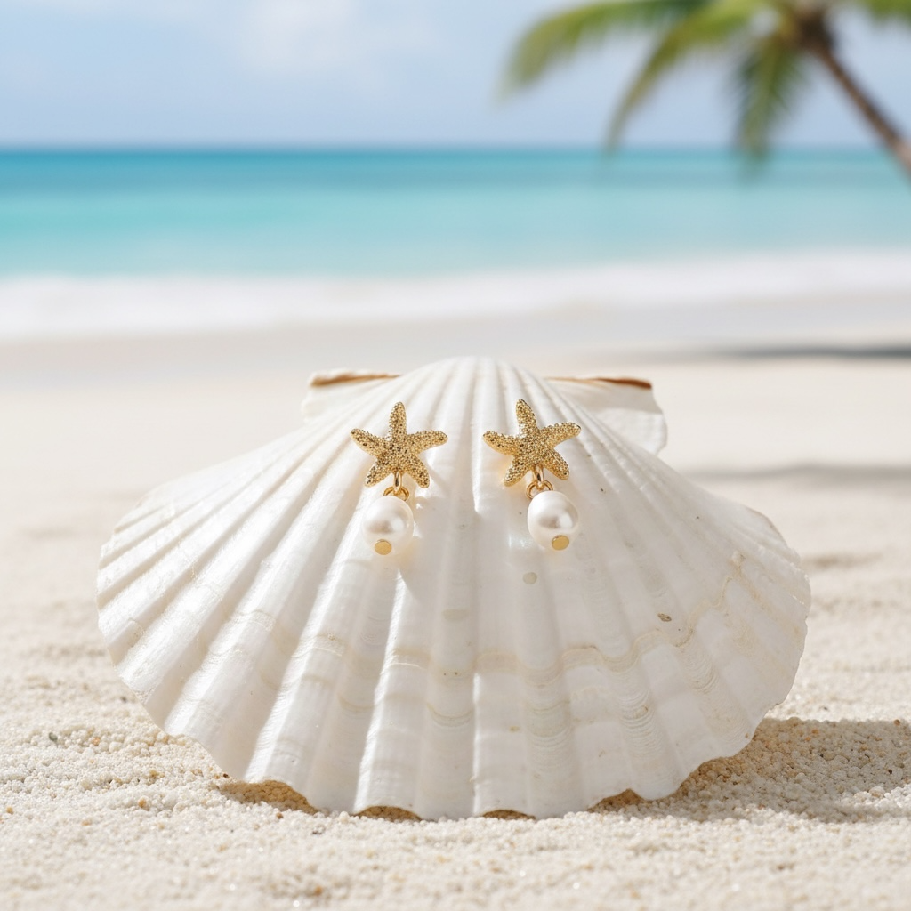 Gold Dangle Earrings for Women, Elegant Star Shell Statement Earrings – Boho Ocean Theme Beach Jewelry, Trendy Summer Accessories, Tropical Vacation Nautical Pearl Studs