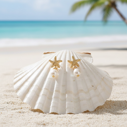 Gold Dangle Earrings for Women, Elegant Star Shell Statement Earrings – Boho Ocean Theme Beach Jewelry, Trendy Summer Accessories, Tropical Vacation Nautical Pearl Studs