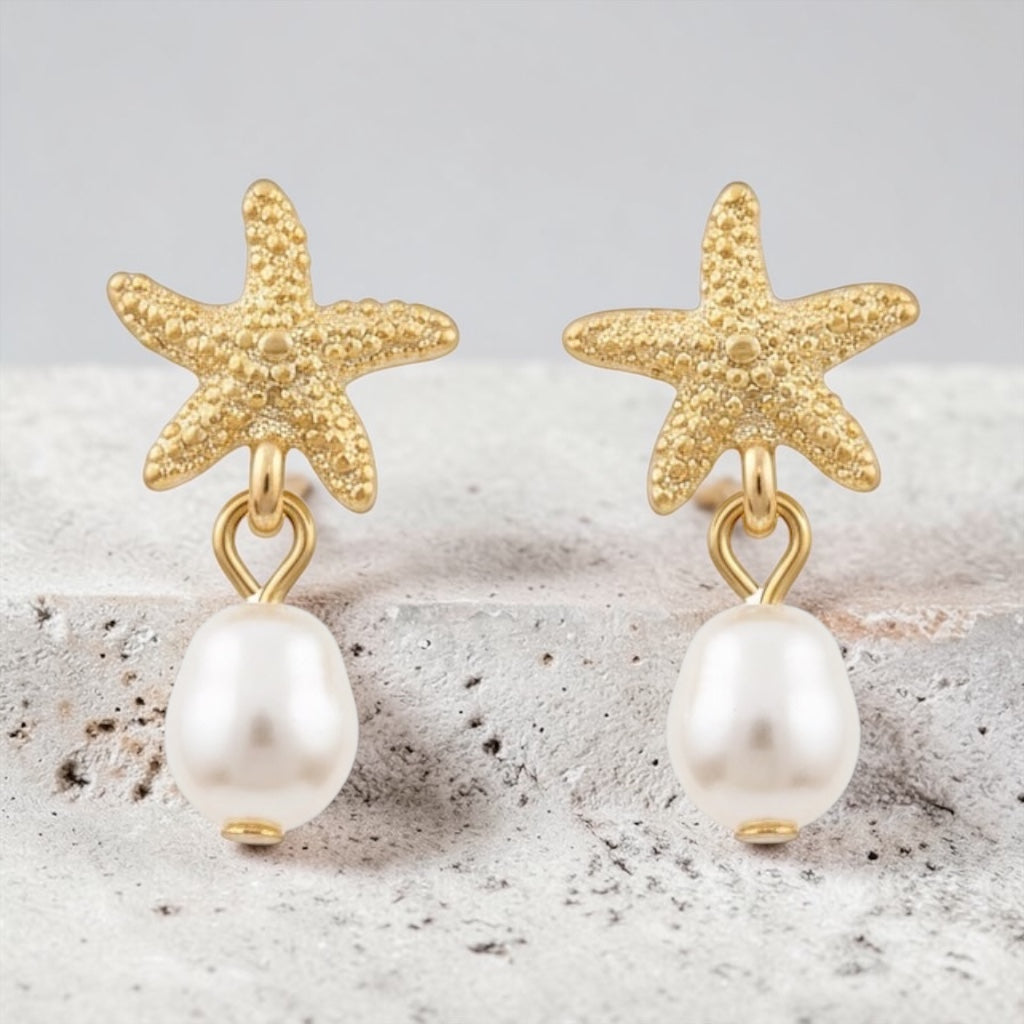 Gold Dangle Earrings for Women, Elegant Star Shell Statement Earrings – Boho Ocean Theme Beach Jewelry, Trendy Summer Accessories, Tropical Vacation Nautical Pearl Studs