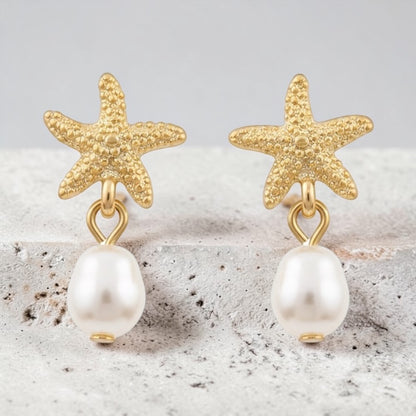 Gold Dangle Earrings for Women, Elegant Star Shell Statement Earrings – Boho Ocean Theme Beach Jewelry, Trendy Summer Accessories, Tropical Vacation Nautical Pearl Studs