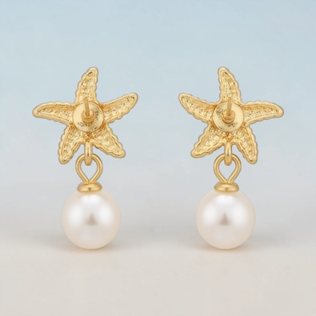 Gold Dangle Earrings for Women, Elegant Star Shell Statement Earrings – Boho Ocean Theme Beach Jewelry, Trendy Summer Accessories, Tropical Vacation Nautical Pearl Studs