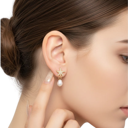 Gold Dangle Earrings for Women, Elegant Star Shell Statement Earrings – Boho Ocean Theme Beach Jewelry, Trendy Summer Accessories, Tropical Vacation Nautical Pearl Studs