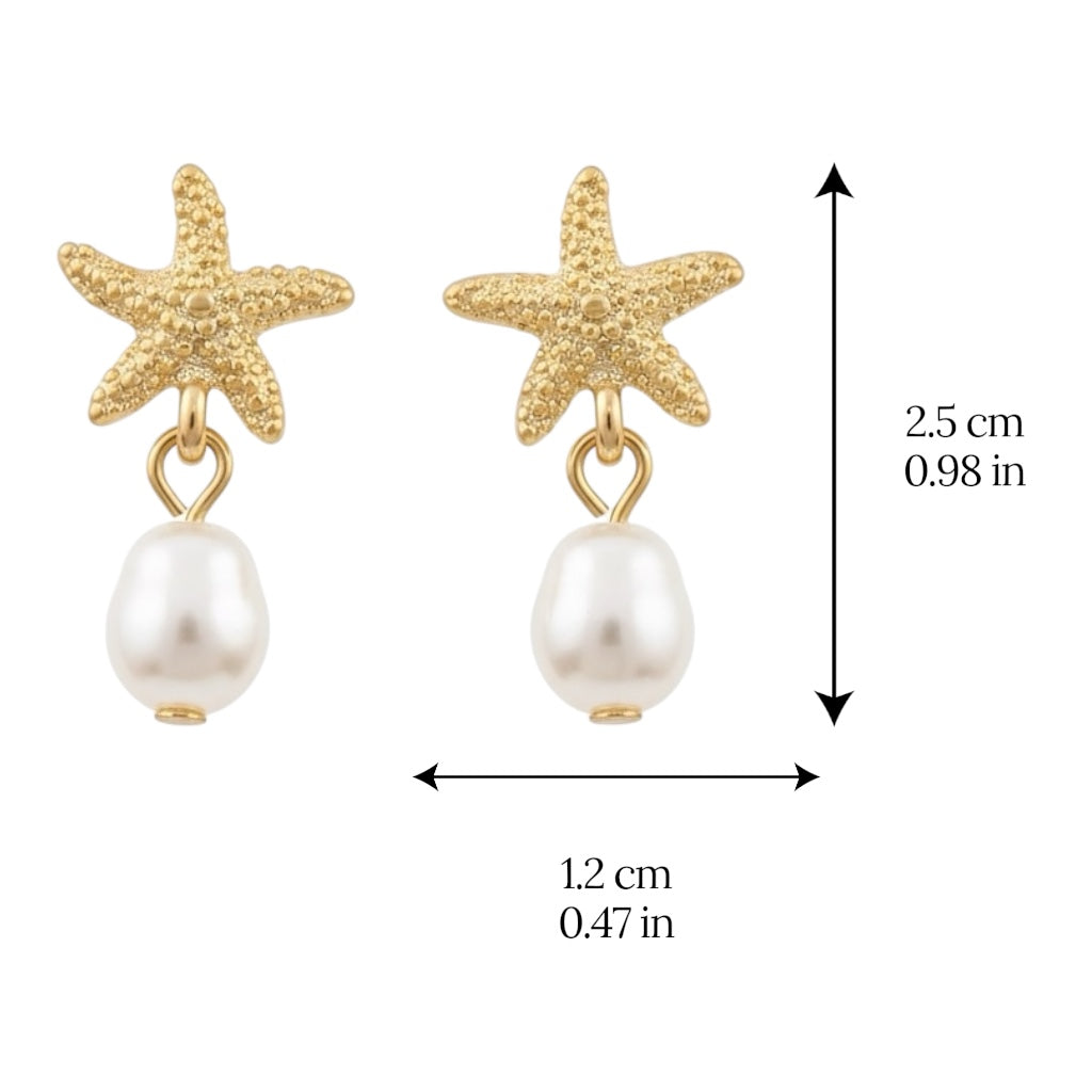 Gold Dangle Earrings for Women, Elegant Star Shell Statement Earrings – Boho Ocean Theme Beach Jewelry, Trendy Summer Accessories, Tropical Vacation Nautical Pearl Studs