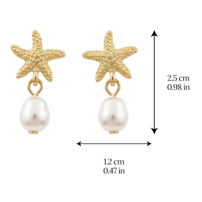 Gold Dangle Earrings for Women, Elegant Star Shell Statement Earrings – Boho Ocean Theme Beach Jewelry, Trendy Summer Accessories, Tropical Vacation Nautical Pearl Studs
