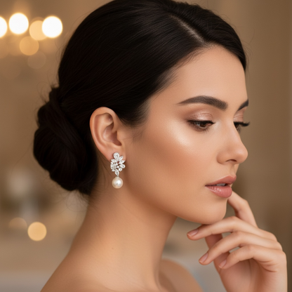 Silver Crystal Pearl Earrings for Women, Wedding Bridal Jewelry for Brides Bridesmaids, Hypoallergenic CZ Cubic Zirconia Rhinestone Diamond Studs Teardrop Dangle Drop Earrings, Formal Evening Party Gifts