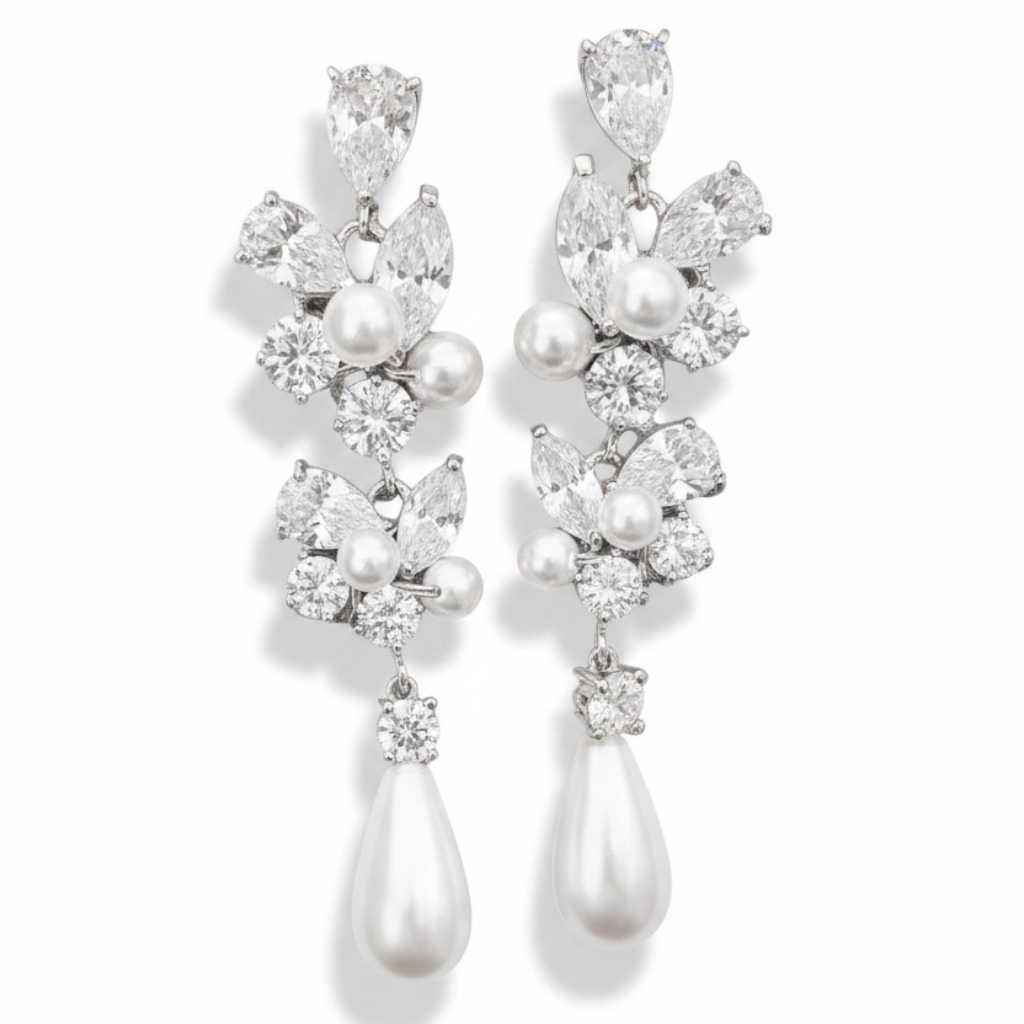 Silver Crystal Pearl Earrings for Women, Wedding Bridal Jewelry for Brides Bridesmaids, Hypoallergenic CZ Cubic Zirconia Rhinestone Diamond Studs Teardrop Dangle Drop Earrings, Formal Evening Party Gifts