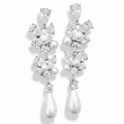 Silver Crystal Pearl Earrings for Women, Wedding Bridal Jewelry for Brides Bridesmaids, Hypoallergenic CZ Cubic Zirconia Rhinestone Diamond Studs Teardrop Dangle Drop Earrings, Formal Evening Party Gifts