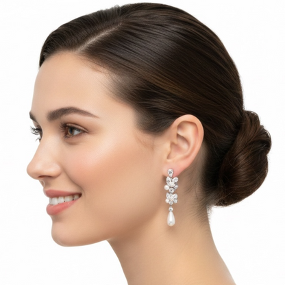 Silver Crystal Pearl Earrings for Women, Wedding Bridal Jewelry for Brides Bridesmaids, Hypoallergenic CZ Cubic Zirconia Rhinestone Diamond Studs Teardrop Dangle Drop Earrings, Formal Evening Party Gifts