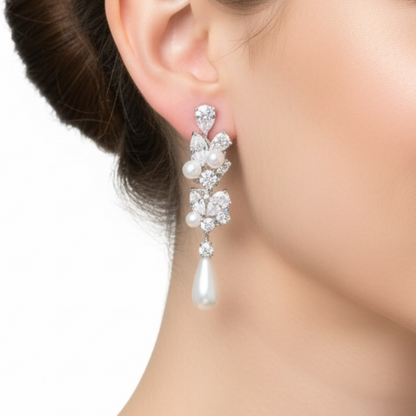 Silver Crystal Pearl Earrings for Women, Wedding Bridal Jewelry for Brides Bridesmaids, Hypoallergenic CZ Cubic Zirconia Rhinestone Diamond Studs Teardrop Dangle Drop Earrings, Formal Evening Party Gifts