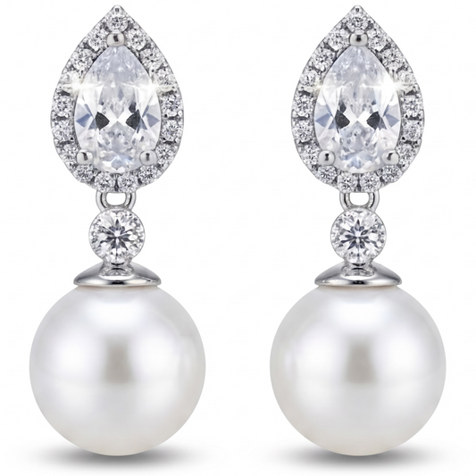 Silver Crystal Pearl Earrings for Women, Wedding Bridal Jewelry for Brides Bridesmaids, Hypoallergenic CZ Cubic Zirconia Rhinestone Diamond Studs Teardrop Dangle Drop Earrings, Formal Evening Party Gifts